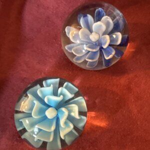 Lot Of Two Glass Paperweights Present as Flowers, Both in Blue Colors About 2“